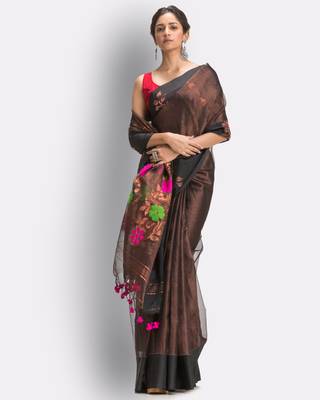 Blue hand woven art silk saree with blouse 4
