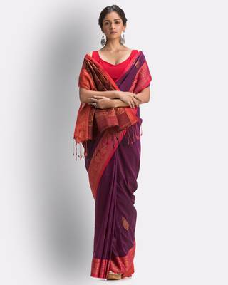 Purple hand woven linen saree with blouse 1
