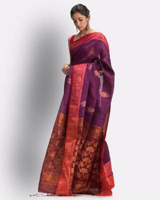 Purple hand woven linen saree with blouse 4