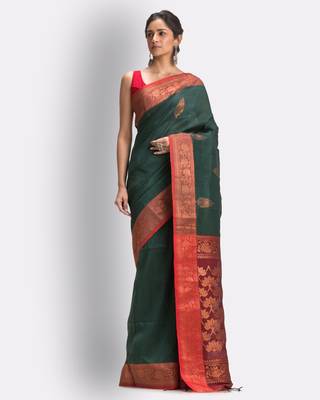 Green hand woven linen saree with blouse 1
