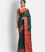 Green hand woven linen saree with blouse