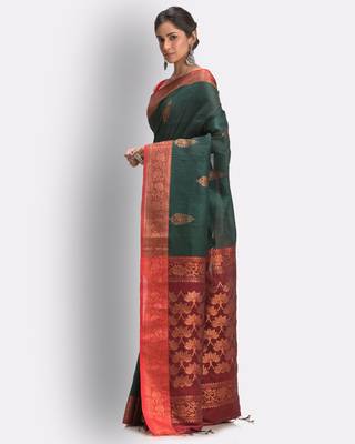 Green hand woven linen saree with blouse 2