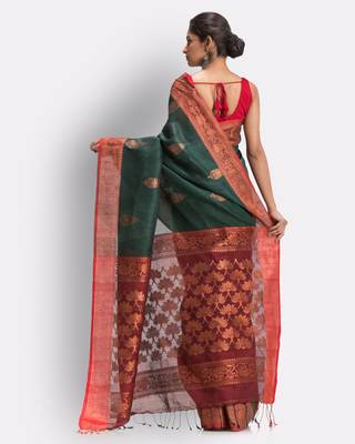 Green hand woven linen saree with blouse 3