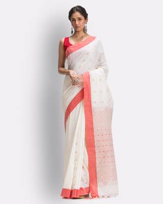 White hand woven cotton saree with blouse 1