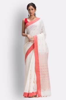 White hand woven cotton saree with blouse