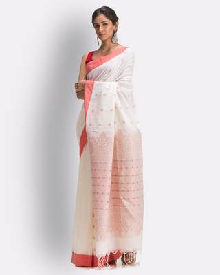 White hand woven cotton saree with blouse 2