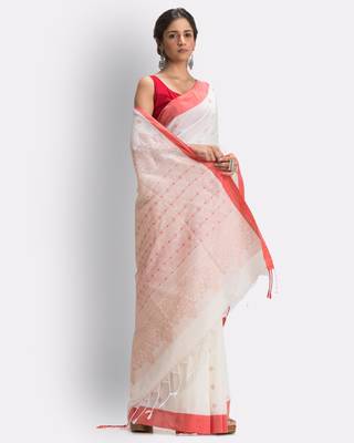 White hand woven cotton saree with blouse 3