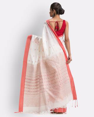 White hand woven cotton saree with blouse 4