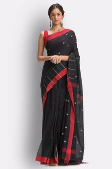 Black hand woven cotton saree with blouse