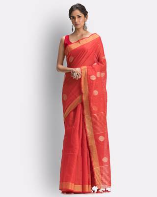 Red hand woven cotton saree with blouse 1