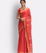 Red hand woven cotton saree with blouse