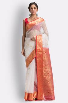 White hand woven art silk saree with blouse