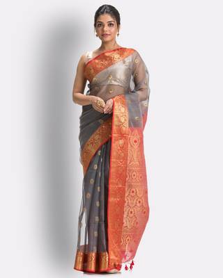 Grey hand woven art silk saree with blouse 1