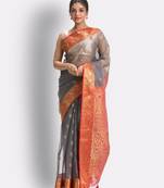 Grey hand woven art silk saree with blouse