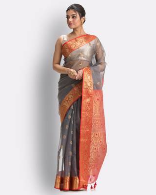 Grey hand woven art silk saree with blouse 2
