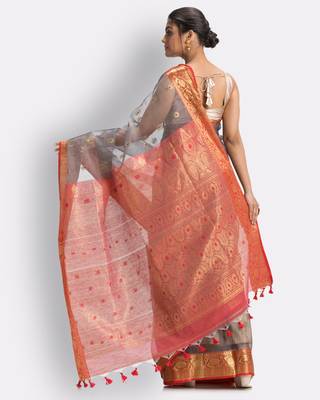 Grey hand woven art silk saree with blouse 4