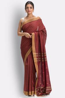 Maroon hand woven cotton saree with blouse