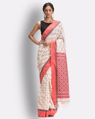 White hand woven cotton saree with blouse 1