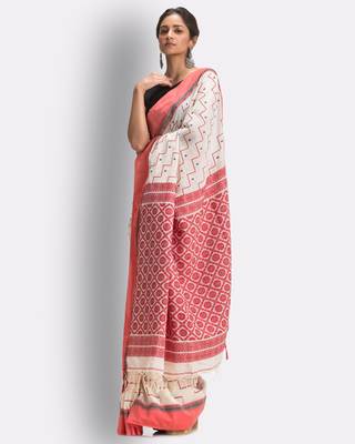 White hand woven cotton saree with blouse 2