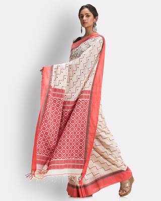 White hand woven cotton saree with blouse 3