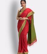 Red hand woven cotton saree with blouse