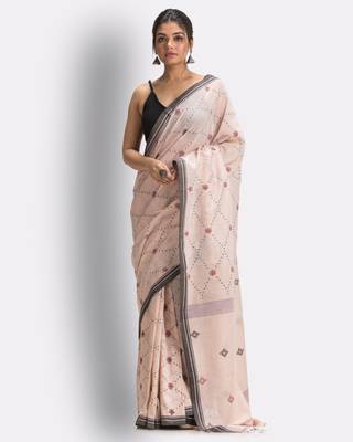 Peach hand woven cotton saree with blouse 1