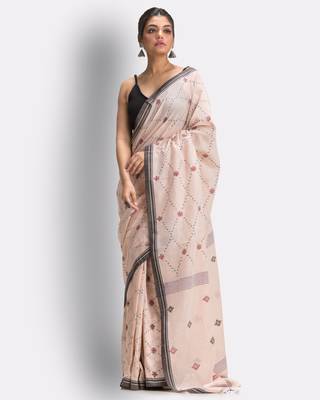 Peach hand woven cotton saree with blouse 2