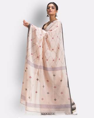 Peach hand woven cotton saree with blouse 3