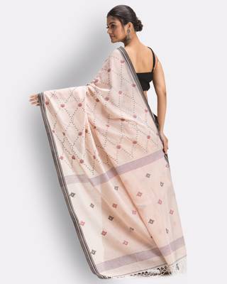 Peach hand woven cotton saree with blouse 4