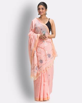 Peach hand woven cotton saree with blouse 1