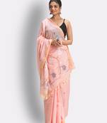 Peach hand woven cotton saree with blouse