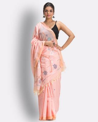 Peach hand woven cotton saree with blouse 2