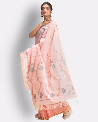 Peach hand woven cotton saree with blouse 3