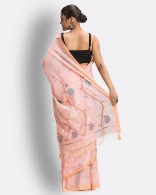 Peach hand woven cotton saree with blouse 4