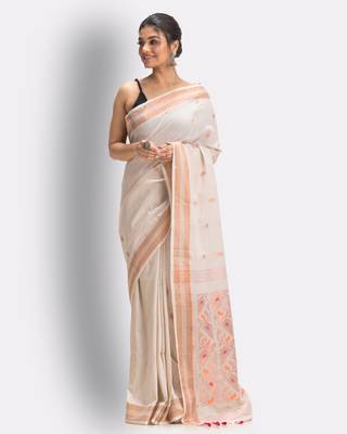 Cream hand woven cotton saree with blouse 1