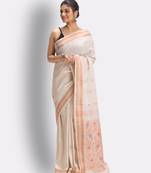 Cream hand woven cotton saree with blouse