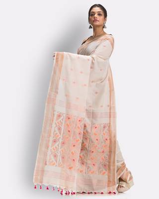 Cream hand woven cotton saree with blouse 2
