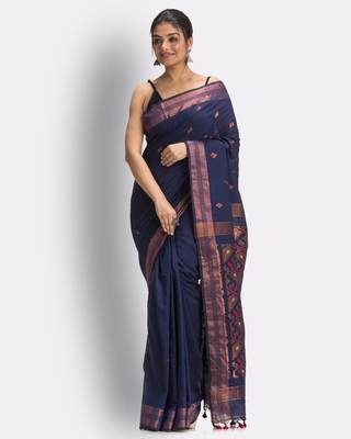 Indigo hand woven cotton saree with blouse 1