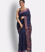 Indigo hand woven cotton saree with blouse