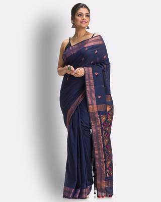 Indigo hand woven cotton saree with blouse 2