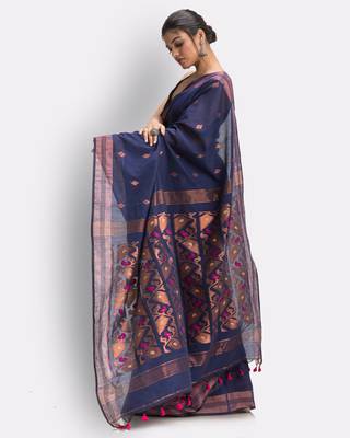 Indigo hand woven cotton saree with blouse 3