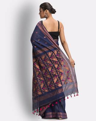 Indigo hand woven cotton saree with blouse 4