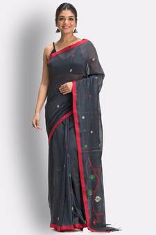 Grey hand woven cotton saree with blouse