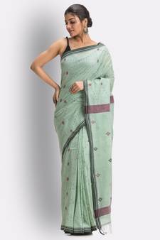 Green hand woven cotton saree with blouse