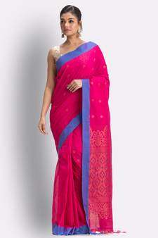 Pink hand woven cotton saree with blouse