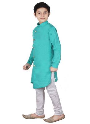 Aqua Blue Self Design Cotton Boys Cut Kurta Pajama Set 1