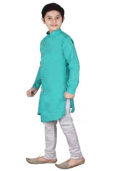 Aqua Blue Self Design Cotton Boys Cut Kurta Pajama Set