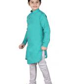 Aqua Blue Self Design Cotton Boys Cut Kurta Pajama Set