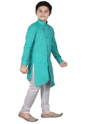Aqua Blue Self Design Cotton Boys Cut Kurta Pajama Set 2