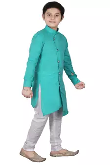 Aqua Blue Self Design Cotton Boys Cut Kurta Pajama Set